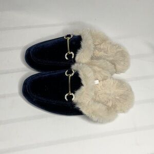 J. Crew Plush Horsebit Mules in Navy Blue Velvet with Cream Shearling